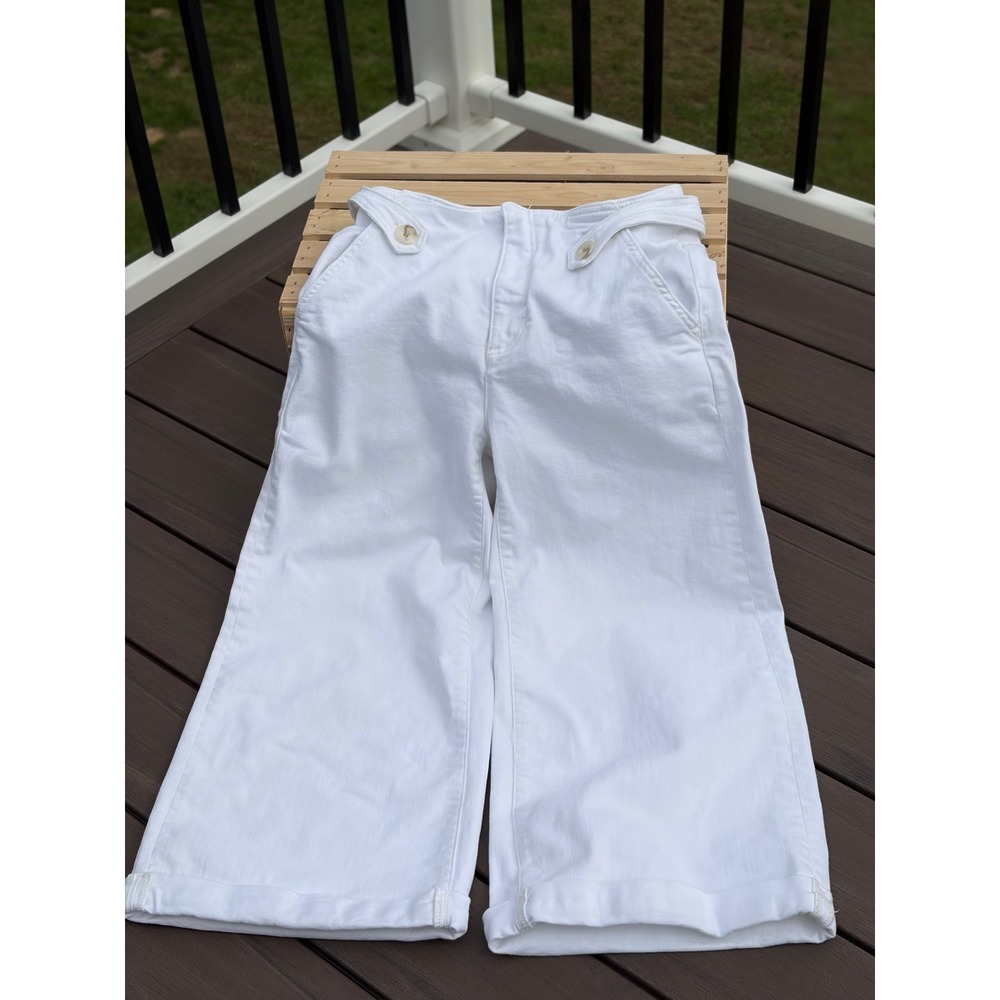 Maeve Anthropologie White Wide Leg Denim Pants Button Waist Cuffed Hem Bohemian